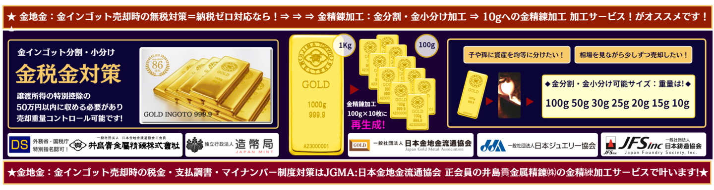 <やっちゃん> 小さな金塊メダル 成分分析済 □井島貴金属精錬㈱の金分割・金小分け10g 15g 20g 25g 30g 50g 100g